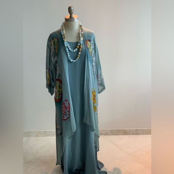 Sheer Silk Chiffon Blue Dragon Print Kimono Duster XLG NWT - Picture 5 of 7